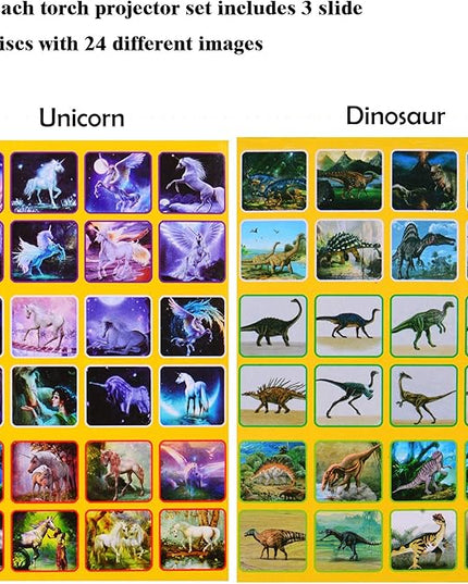 Georgie Porgy Slide Torch Projector Toys Flashlight for Kids Educational Toys Science Set Wall Ceiling Tents Night Lamp for Boys Girls with 2 Tattoo Stickers (Dinosaur + Unicorn) - LeafyLoom