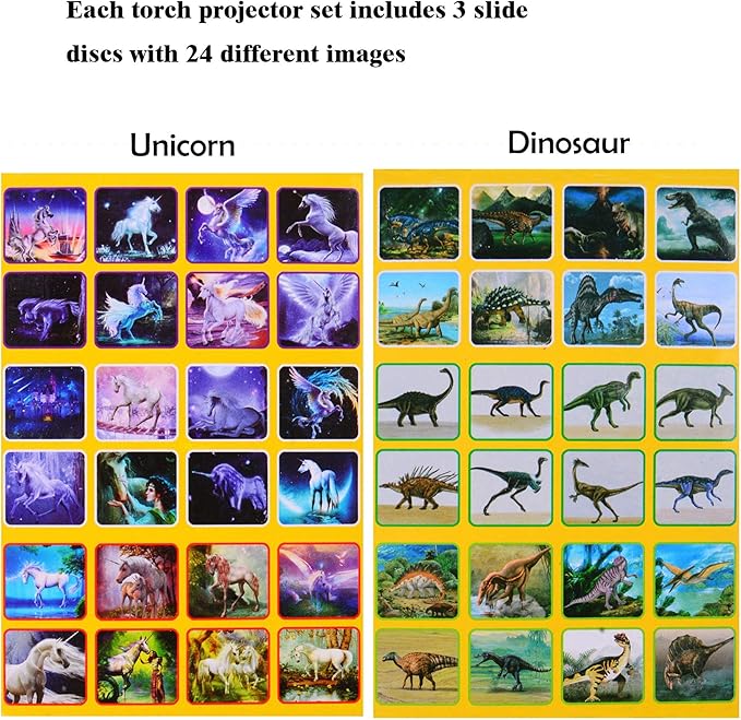 Georgie Porgy Slide Torch Projector Toys Flashlight for Kids Educational Toys Science Set Wall Ceiling Tents Night Lamp for Boys Girls with 2 Tattoo Stickers (Dinosaur + Unicorn) - LeafyLoom