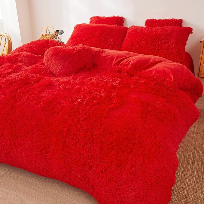 Fluffy Red comforters Cover twin size - Ultra Soft Plush red bedding Sets 2 Pieces (1 faux fur comforter Cover + 1 fuzzy pillow case) girls shaggy red twin bed set (Red, Twin) - LeafyLoom
