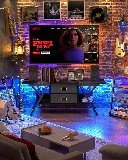 TV Stand for 55''/65'' TV - Carbon Fiber Black LED TV Stands with Power Outlets for Living Room, TV Entertainment Center with Storage, Gaming TV Stand with Drawers for Bedroom, Entertainment Stand - LeafyLoom