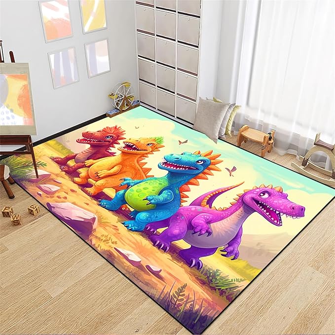 Dinosaur Rugs for Boys Bedroom - Cartoon Dinosaur Rug Dinosaur Carpet Playroom Mat for Kids Room Colorful Cute Dino Rug for Room Kids Carpet for Bedroom,5'×7' - LeafyLoom
