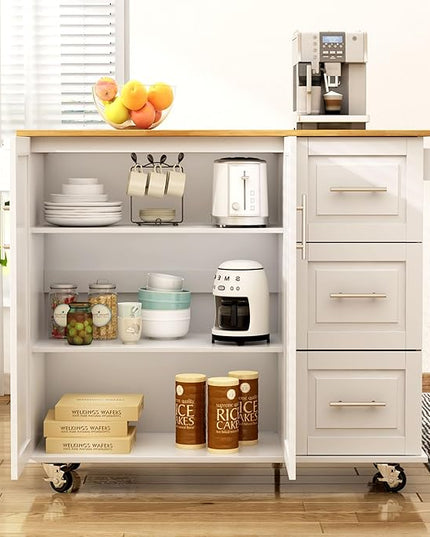 soges Mobile Kitchen Island with Storage and Drop Leaf on Wheels, Rolling Kitchen Island Table Cart with 3 Drawers and Large Storage Cabinets, Spacious Desktop, Adjustable Shelves, White - LeafyLoom