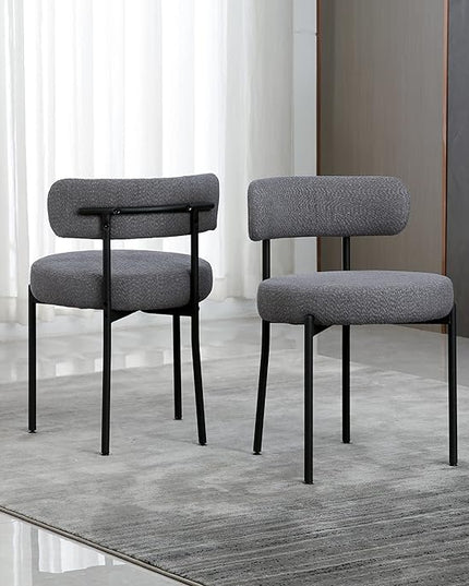 DYHOME Dark Grey Dining Chairs Set of 2, Mid-Century Modern Dining Chairs, Kitchen Dining Room Chairs, Curved Backrest Round Upholstered Boucle Sherpa Dining Chair with Black Metal Legs - LeafyLoom