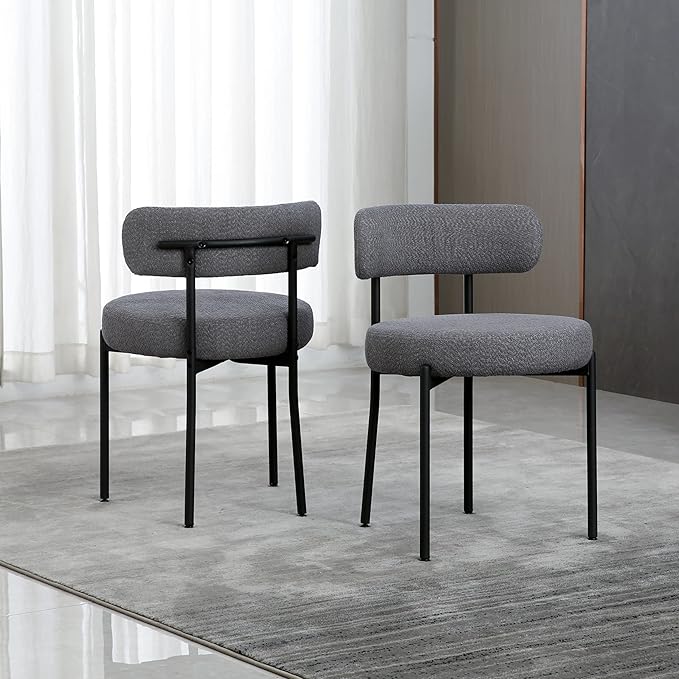 DYHOME Dark Grey Dining Chairs Set of 2, Mid-Century Modern Dining Chairs, Kitchen Dining Room Chairs, Curved Backrest Round Upholstered Boucle Sherpa Dining Chair with Black Metal Legs - LeafyLoom