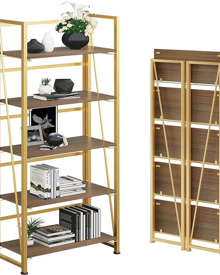 No-Assembly Folding Gold Bookshelf Storage Shelves 5 Tiers Vintage Multifunctional Plant Flower Stand Storage Rack Shelves Bookcase for Home Office - LeafyLoom