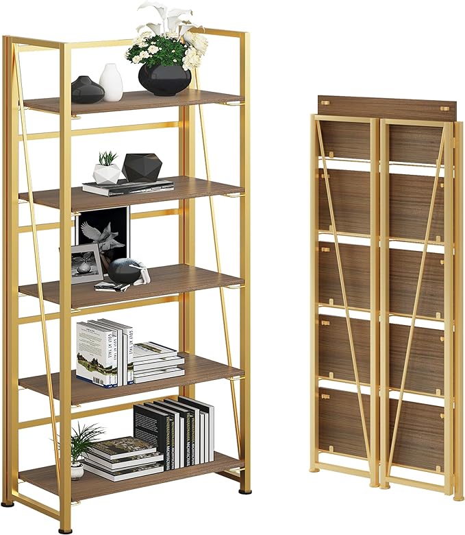 No-Assembly Folding Gold Bookshelf Storage Shelves 5 Tiers Vintage Multifunctional Plant Flower Stand Storage Rack Shelves Bookcase for Home Office - LeafyLoom