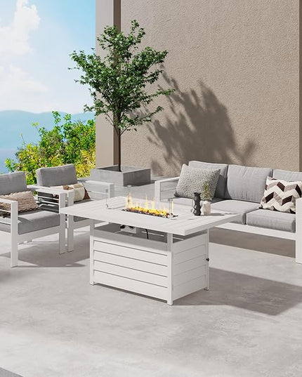 Wisteria Lane Aluminum Patio Furniture Set, 4 Pcs Metal Outdoor Furniture Set with CSA Certified 54in Propane Gas Fire Pit Table, Patio Conversation Set with 5in Olefin Cover Cushions, White - LeafyLoom