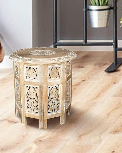 Hand Crafted Solid Wood Accent Table, Side Table, Entryway Table, Wooden End Table, Octagonal Wooden Table - 18 Inch Round Top x 18 Inch High - White - LeafyLoom