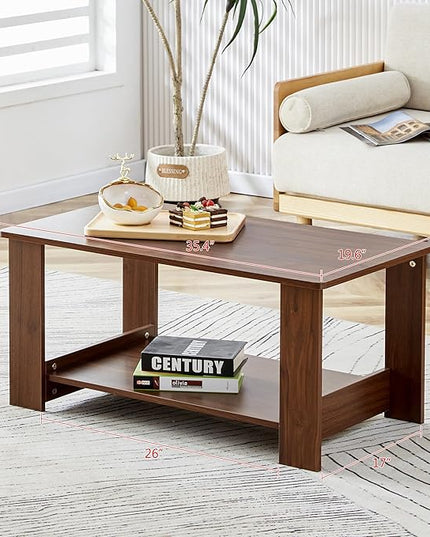Farmhouse Wood Coffee Table - Boho Tea Table with Storage Shelf, Rectangle Center Table Wood Look Accent Table, 2-Tier Sofa Side Table Modern Rectangular Coffee Table Living Room Furniture - LeafyLoom