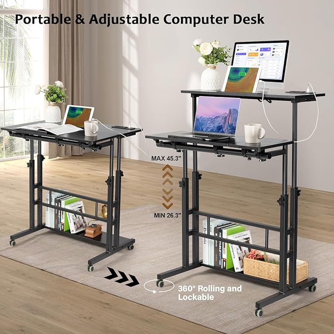 Hadulcet Stand Up Desk, Rolling Desk Adjustable Height, Mobile Standing Desk with Wheels & Charging Station, Portable Desk for Laptop, Rolling Computer Cart TV Tray, Small Standing Desk Drawing Desk - LeafyLoom