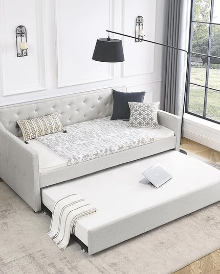Upholstered Twin Size Daybed with Twin Trundle, Solid Wood Sofa Bed w/Button Tufted Backrest and Waved Shape Arms, for Kids, Living Room, Bedroom, Dorm, No Box Spring Needed, Beige - LeafyLoom