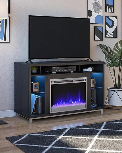 Ameriwood Home Lumina Fireplace TV Stand for TVs up to 48 Inch, Replaceable Electric Fireplace Insert Heater, Remote Control, Timer, Color Changing LED Lights, Crystal Ember Flames, Black Oak - LeafyLoom