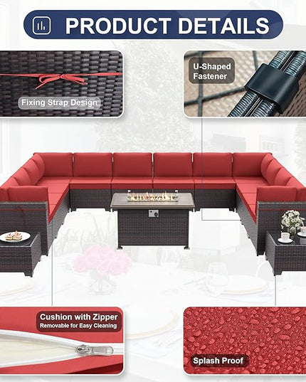 Patio Furniture Set with Fire Pit Table 15 PCS Outdoor Sectional Furniture Outdoor Rattan Patio Conversation Sets with 43in 55,000 BTU Propane Gas Fire Pit Table Glass Table, Red - LeafyLoom