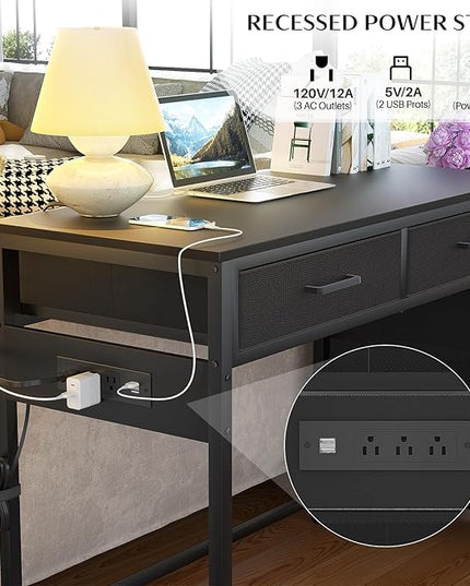 Computer Desk with 5 Drawers, Reversible Office Desk with Power Outlets and USB Charging Ports, Sturdy Writing Table with File Cabinet and Printer Stand, Laptop Desk for Small Spaces, Black - LeafyLoom