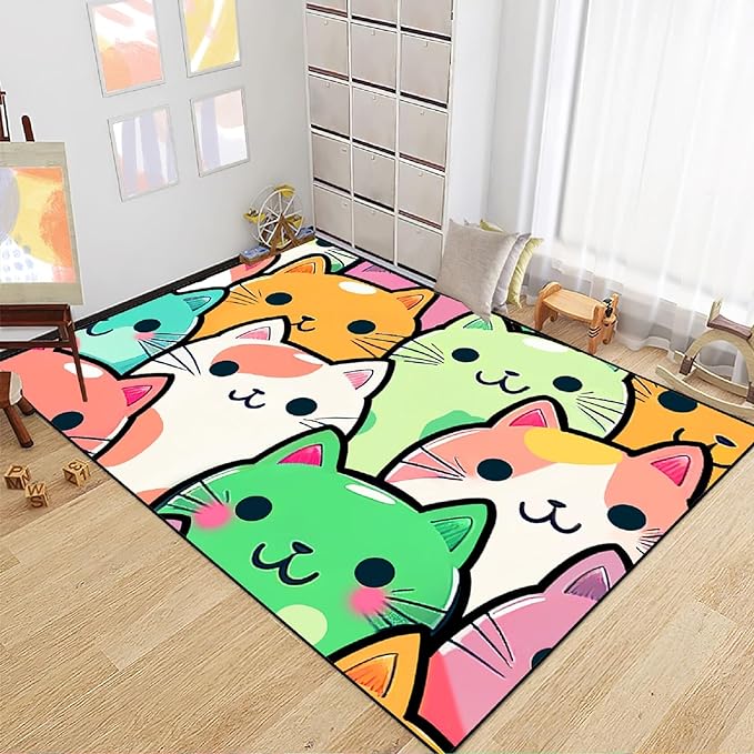 Cat Rug for Girls Room - Cat Pattern Rug Decor for Bedroom Cute Cat Area Rug Carpet Cartoon Cat Rug Kids Room, 3x5 Feet - LeafyLoom