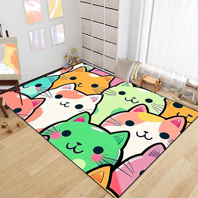 Cat Rug for Girls Room - Cat Pattern Rug Decor for Bedroom Cute Cat Area Rug Carpet Cartoon Cat Rug Kids Room, 4.5x6 Feet - LeafyLoom