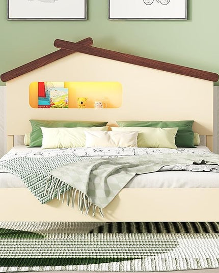Full Size Bed Frame for Kids,Full Platform Bed with House-Shaped Headboard and Motion Activated Night Lights,Wood Full Kids Bed Frame for Girls,Boys(Full,Cream) - LeafyLoom