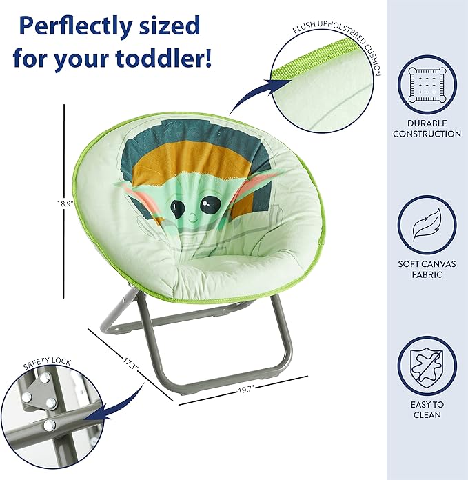 Idea Nuova Disney Star Wars The Mandalorian, Grogu aka The Child Toddler 19” Folding Saucer Chair with Cushion, Polyester, Ages 3+ - LeafyLoom