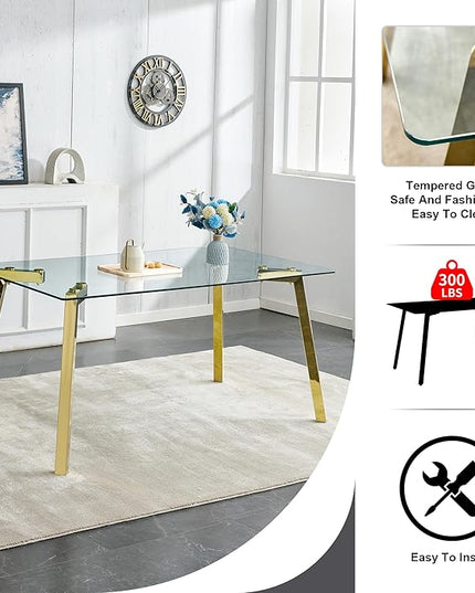 NicBex Modern Minimalist Style Rectangular Glass Dining Table with Tempered Glass Tabletop and Golden Metal Legs Suitable for Kitchen, Dining Room and Living Room, Golden - LeafyLoom