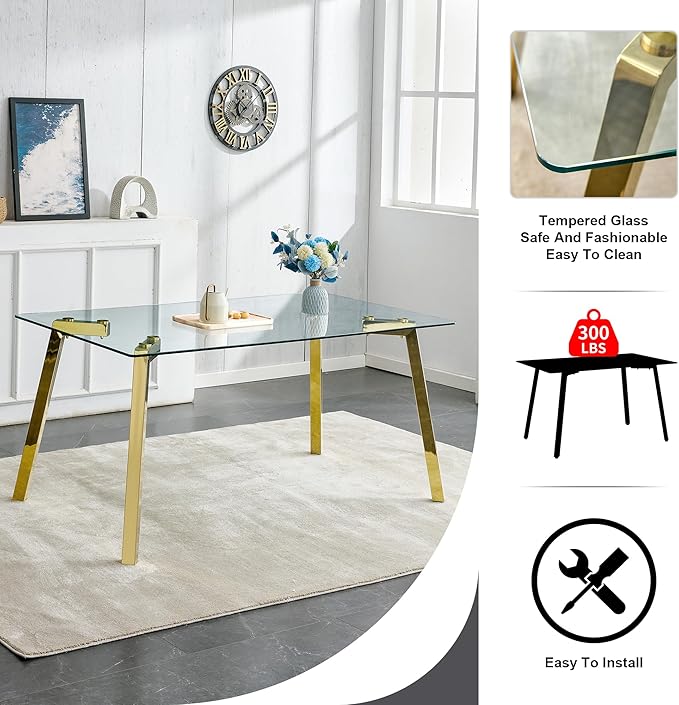NicBex Modern Minimalist Style Rectangular Glass Dining Table with Tempered Glass Tabletop and Golden Metal Legs Suitable for Kitchen, Dining Room and Living Room, Golden - LeafyLoom