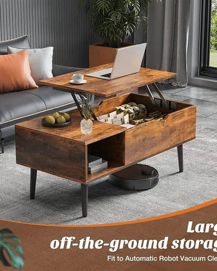 Sweetcrispy Coffee Table Brown, Lift Top Coffee Tables for Living Room, Small Rising Wooden Dining Center Tables with Storage Shelf and Hidden Compartment - LeafyLoom