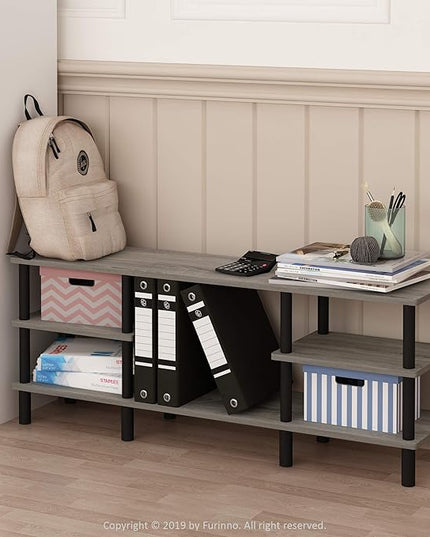 Furinno Turn-N-Tube 3-Tier Multipurpose Wide Shelf TV Stand, French Oak Grey/Black - LeafyLoom