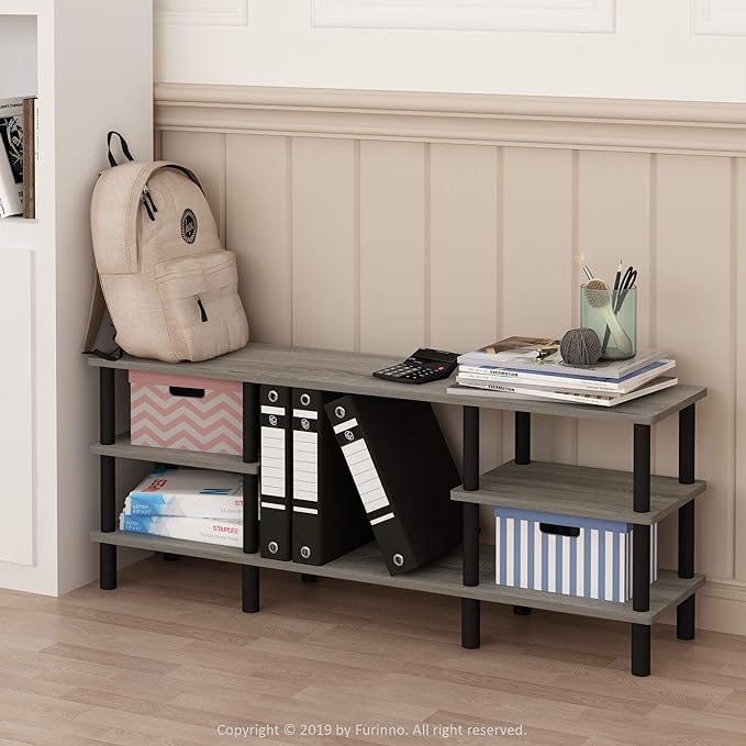 Furinno Turn-N-Tube 3-Tier Multipurpose Wide Shelf TV Stand, French Oak Grey/Black - LeafyLoom