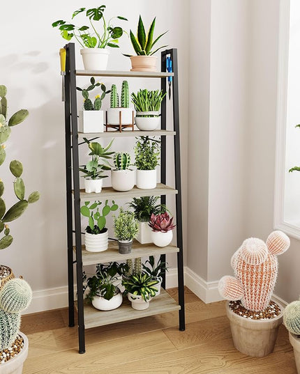 Ladder Shelf, Bookshelf Bookcase, Freestanding Corner Storage Shelve with 2 Hooks for Home Office, Living Room, Kitchen, Bedroom, Industrial, 5-Tier Greige BC19305B - LeafyLoom