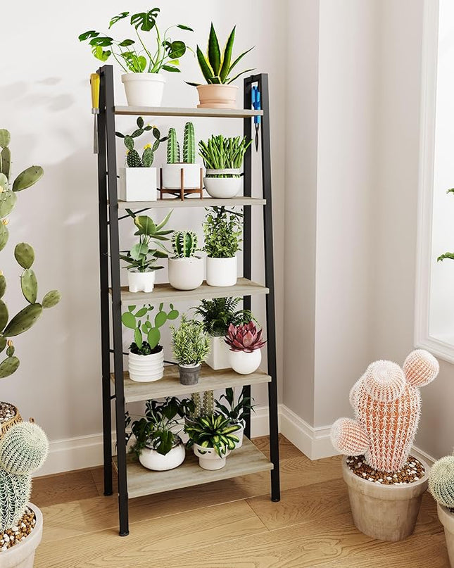 Ladder Shelf, Bookshelf Bookcase, Freestanding Corner Storage Shelve with 2 Hooks for Home Office, Living Room, Kitchen, Bedroom, Industrial, 5-Tier Greige BC19305B - LeafyLoom