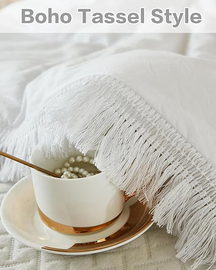 Litanika California King Comforter Set White, 3 Pieces Cal King Boho Tassel Bed Comforter, Oversized Soft Lightweight Bedding Comforter Sets for All Season(1 Comforter 104x96 inch, 2 Pillowcases) - LeafyLoom
