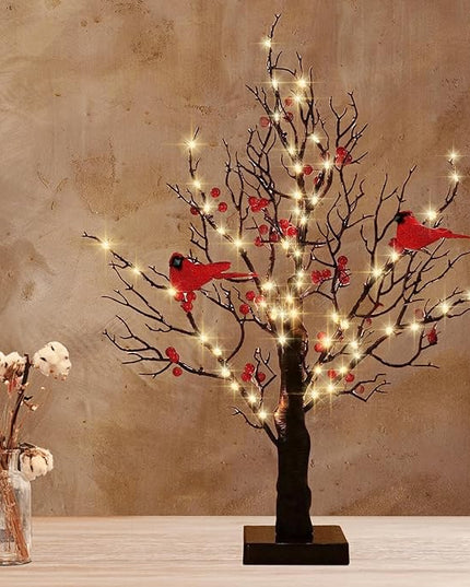 21in Black Birch Tree with 60 Led Lights, Twinkle Tree Lamp with Lighted Branches, Fairy Light Spirit Tree with 2 Red Birds for Room Decor, Easter, Halloween, Thanksgiving, Christmas, New Year, etc. - LeafyLoom