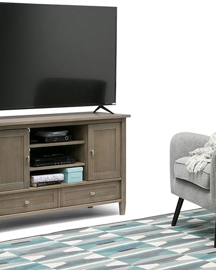 SIMPLIHOME Warm Shaker SOLID WOOD Universal TV Media Stand, 47 inch Wide, Transitional, Living Room Entertainment Center, Storage Cabinet, for Flat Screen TVs up to 55 inches in Distressed Grey - LeafyLoom