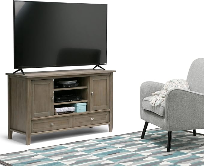 SIMPLIHOME Warm Shaker SOLID WOOD Universal TV Media Stand, 47 inch Wide, Transitional, Living Room Entertainment Center, Storage Cabinet, for Flat Screen TVs up to 55 inches in Distressed Grey - LeafyLoom
