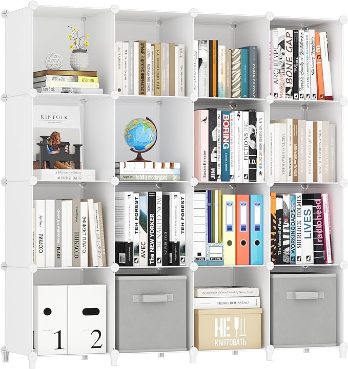 HOMIDEC Book Shelf 16 Cubes Bookcase Bookshelf Cube Storage Organizer Portable Display Bookshelf Kids Bookshelf Book Case for Study Room,Bedroom,Office,Living Room,Closet (47.2x11.8x47.2 inch) - LeafyLoom