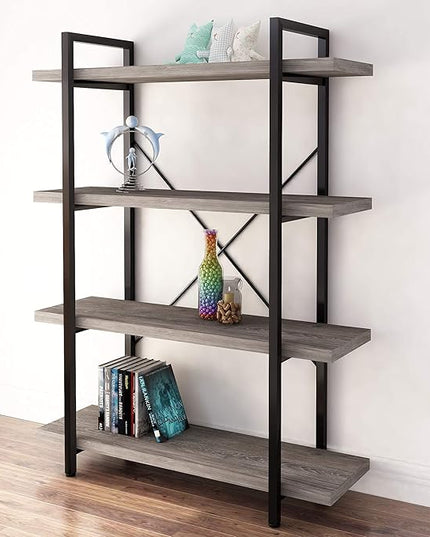 45MinST 4-Tier Vintage Industrial Style Bookcase/Metal and Wood Bookshelf Furniture for Collection, Gray Oak, 3/4/5 Tier (4-Tier) - LeafyLoom