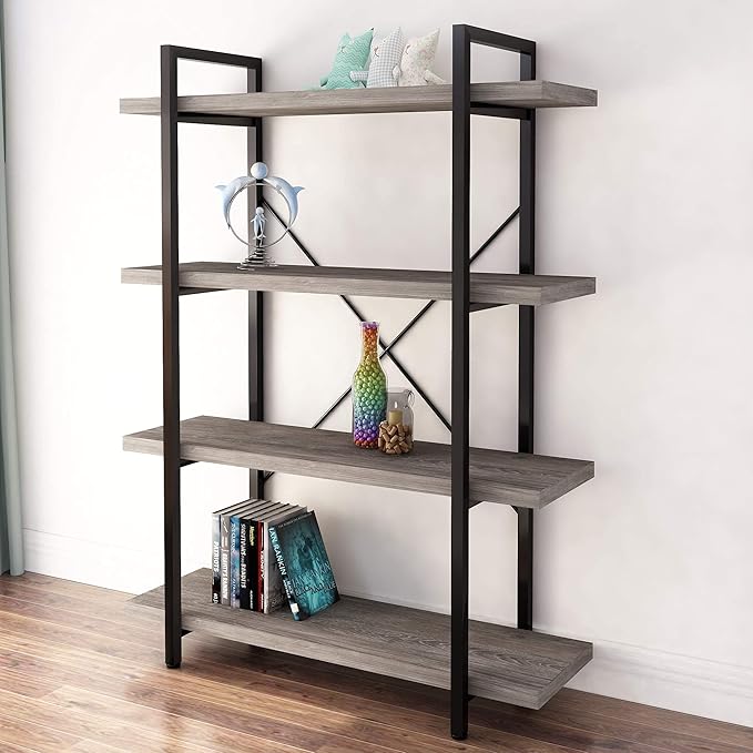 45MinST 4-Tier Vintage Industrial Style Bookcase/Metal and Wood Bookshelf Furniture for Collection, Gray Oak, 3/4/5 Tier (4-Tier) - LeafyLoom