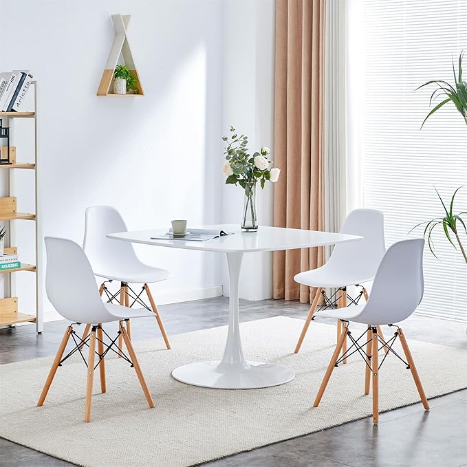 42 inch White Square Pedestal Table for 4-6 Person, Mid Century Modern Table for Kitchen Dining Room - LeafyLoom