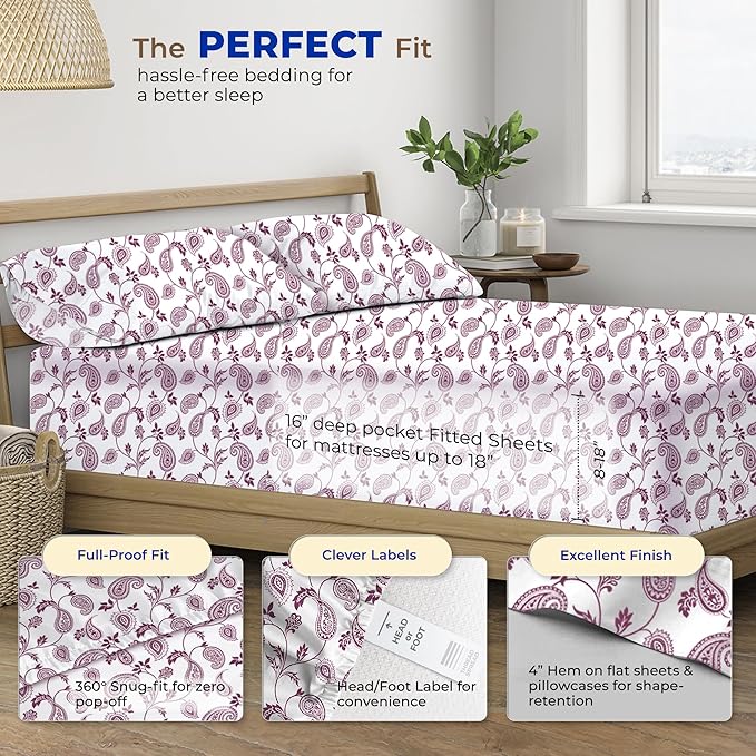 THREAD SPREAD 100% Egyptian Cotton Printed Bed Sheets - 600 Thread Count 4 PC Full Sheet Set, Hotel Luxury Sateen Bedsheets, 16" Deep Pocket Extra Soft Cooling Sheets for Full Size Bed - Paisley - LeafyLoom