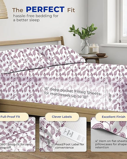 THREAD SPREAD 100% Egyptian Cotton Printed Bed Sheets - 600 Thread Count 4 PC California King Sheet Set, Hotel Luxury Bedsheets, 16" Deep Pocket Soft Cooling Sheets for Cal King Size Bed - Paisley - LeafyLoom