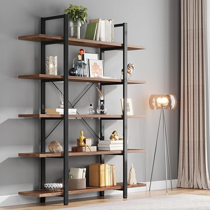 Tribesigns 5-Tier Bookshelf, Vintage Industrial Style Bookcase 72 H x 12 W x 47L Inches, Retro Brown - LeafyLoom
