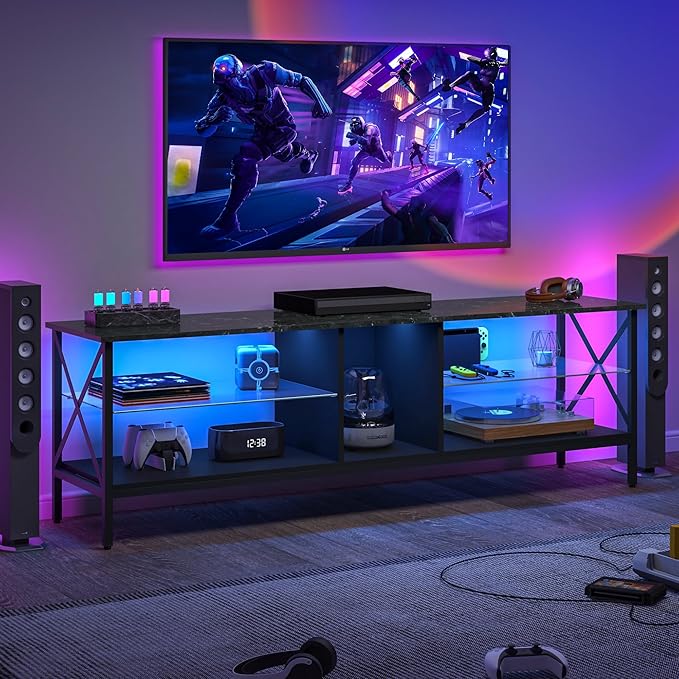 Clikuutory 63 Inch Marble Texture TV Stand with LED Lights for 40 50 55 60 65 70 Inch TVs, 3Tier Modern Metal Television Stands with Entertainment Center and Storage for Living Room, Bedroom, Black - LeafyLoom