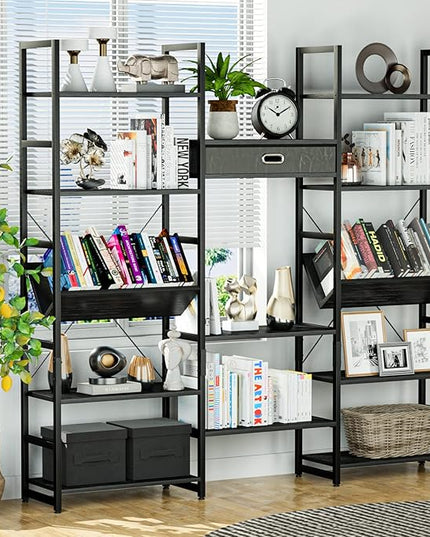 NUMENN Triple Wide 5 Tier Bookshelf, Adjustable Rustic Industrial Style Book Shelves, Modern Bookcases and Bookshelves Furniture for Bedroom, Living Room and Home Office, Elegant Black - LeafyLoom