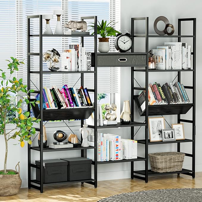 NUMENN Triple Wide 5 Tier Bookshelf, Adjustable Rustic Industrial Style Book Shelves, Modern Bookcases and Bookshelves Furniture for Bedroom, Living Room and Home Office, Elegant Black - LeafyLoom