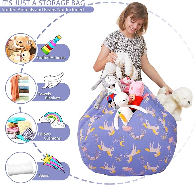 Aubliss Stuffed Animal Bean Bag Storage Chair (Light Blue Unicorn, Medium (32'')) - LeafyLoom