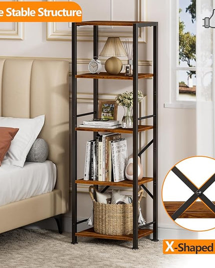 Furologee 5 Tier Tall Bookshelf, Rustic Narrow Bookcase, Display Standing Shelf Units, Metal and Wood Storage Shelves Organizer for Bedroom, Living Room, Home Office, Entryway, Kitchen, Rustic Brown - LeafyLoom