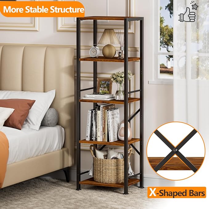 Furologee 5 Tier Tall Bookshelf, Rustic Narrow Bookcase, Display Standing Shelf Units, Metal and Wood Storage Shelves Organizer for Bedroom, Living Room, Home Office, Entryway, Kitchen, Rustic Brown - LeafyLoom