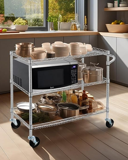 Finnhomy 3 Tier Heavy Duty Commercial Grade Utility Cart, Wire Rolling Cart with Handle Bar, Steel Service Cart with Wheels, Kitchen Carts on Wheels, Metal Cart Shelf Size 18" D x 36" W, NSF, Chrome - LeafyLoom