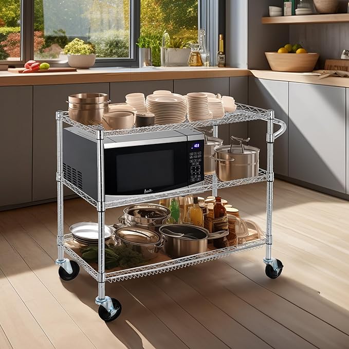 Finnhomy 3 Tier Heavy Duty Commercial Grade Utility Cart, Wire Rolling Cart with Handle Bar, Steel Service Cart with Wheels, Kitchen Carts on Wheels, Metal Cart Shelf Size 18" D x 36" W, NSF, Chrome - LeafyLoom