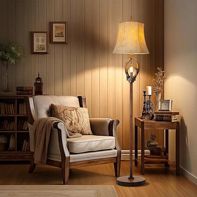 Rustic Farmhouse Antlers Floor Lamp with Night Light Faux leather Bell Shade Brown Finish Tall Industrial Tall Standing Lamp Decor for Living Room Bedroom Hotel Office (LED Bulb Included) - LeafyLoom
