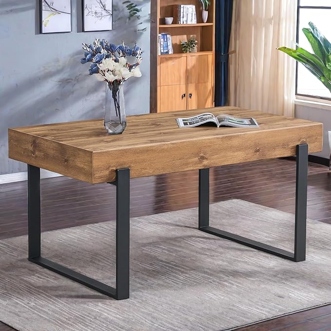 NicBex 59" Dining Table, Modern Kitchen Table, Rectangular Wooden Dinner Table Top and Metal Base for Dining Room, Home Office, Living Room Furniture, Easy Assembly, Natural Wood Wash - LeafyLoom